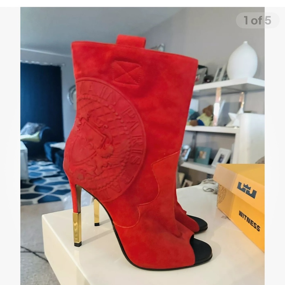 Balmain red suede leather open toe boots
